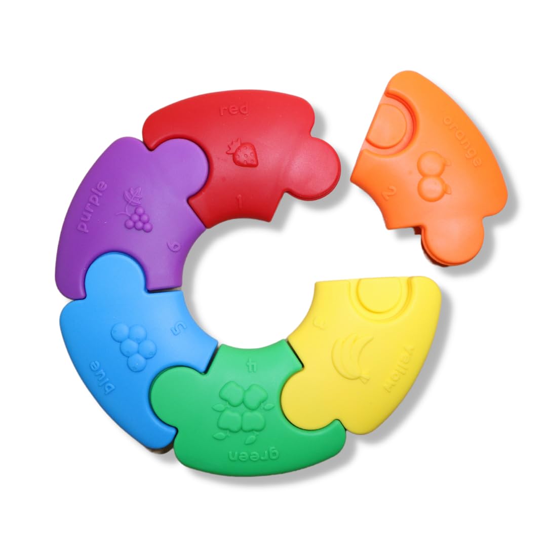 Jellystone Designs JSCWR Ranbow Teether. Silicone Teething Puzzle Wheel Baby Sensory Toy Numbers, Colours & Fruits. Sorting Game Suitable for Boys & Girls 6 Months