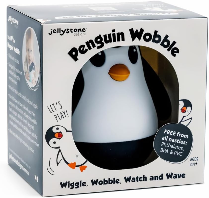 Jellystone Designs Pinguïn Wobble Zwart, Hoog Contrast Roly-Poly Speelgoed voor Baby's