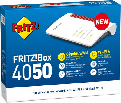AVM FRITZ!Box 4050 International – Router, WiFi 6, Dual Band (2400 Mbps 5GHz and 600 Mbps 2.4 GHz), Mesh, WAN GB, 3 x Gigabit LAN, 1 x USB 3.0, DECT Base, Multimedia Server, Spanish Interface