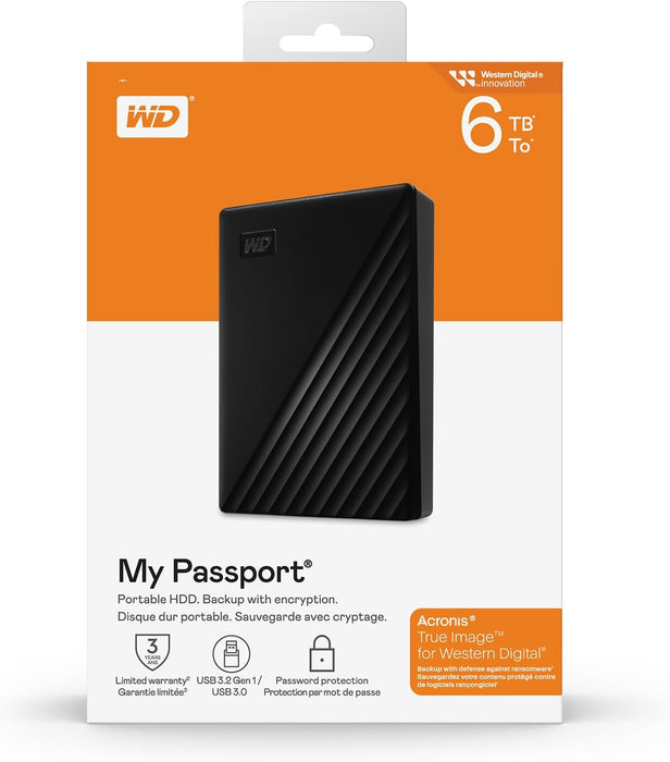 WD 6TB My Passport portable external storage, external hard drive, USB 3.0, portable HDD with software for device management, backup and password protection, works with PC, Xbox &Playstation, Black