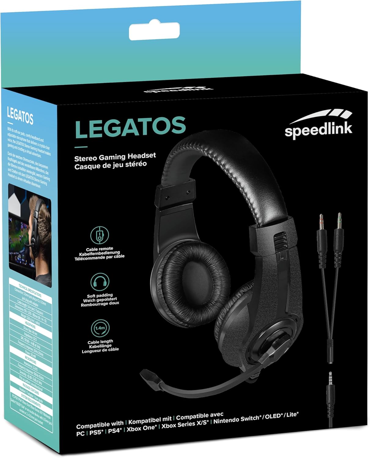 Speedlink LEGATOS Gaming Headset bedraad - lichtgewicht headset met microfoon en bedrade afstandsbediening, compatibel met PC, PS5, PS4, Xbox, Switch, 3,5 mm jack incl. Y-adapter, zwart