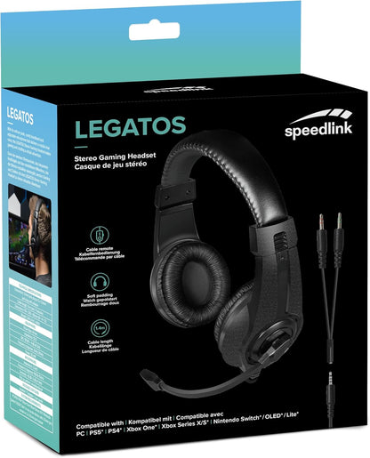 Speedlink LEGATOS Gaming Headset bedraad - lichtgewicht headset met microfoon en bedrade afstandsbediening, compatibel met PC, PS5, PS4, Xbox, Switch, 3,5 mm jack incl. Y-adapter, zwart