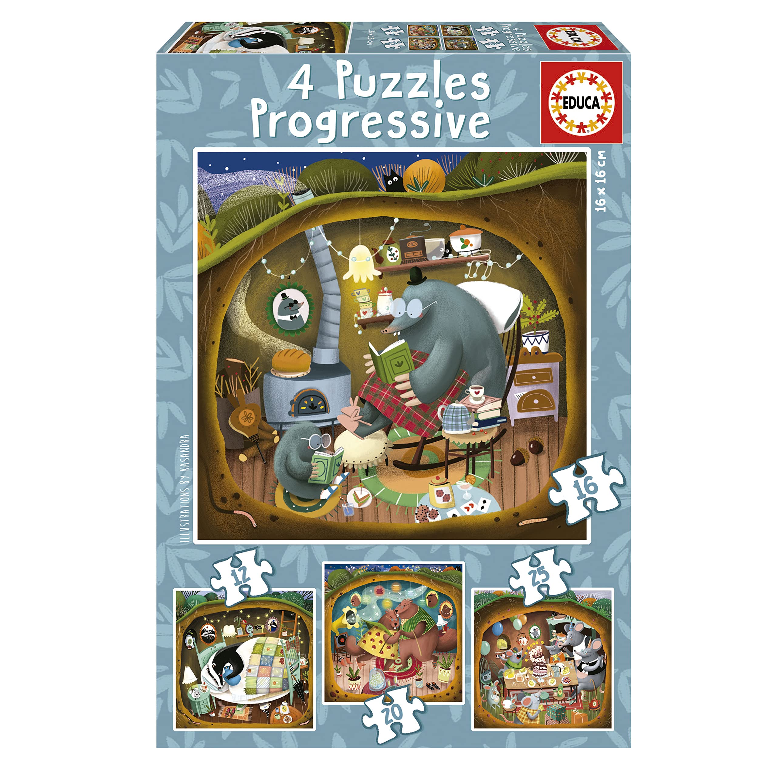 Educa - Set van 4 progressieve puzzels voor kinderen van 12 tot 25 delen | Verhalen over het bos van Kasandra, afmetingen: 16 x 16 cm, aanbevolen vanaf 3 jaar (19685