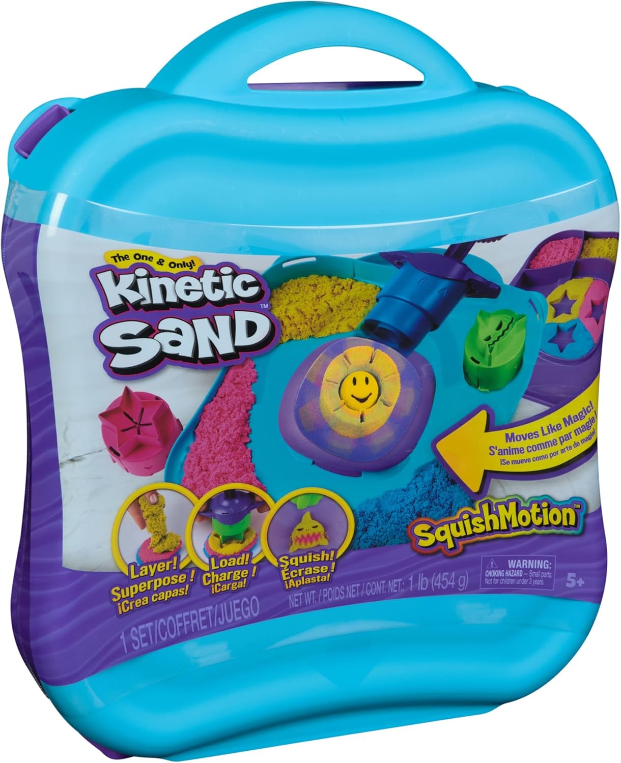 Kinetic Sand, SquishMotion Playset with 453g Pink, Yellow, Blue Play Sand, Stamper & 5 Tools, Reusable Storage Case, Sensory Toys for Kids Aged 5+
