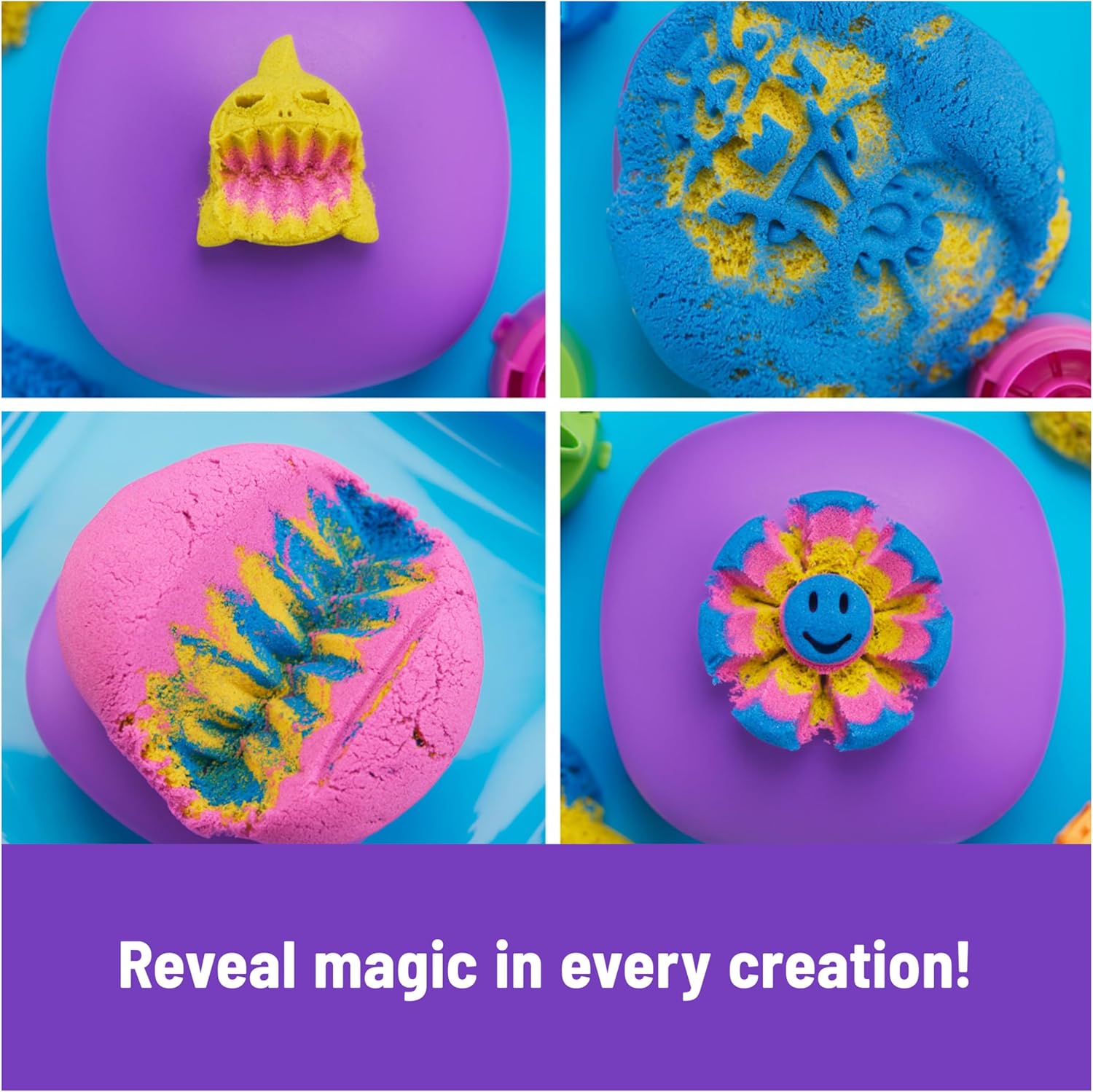Kinetic Sand, SquishMotion Playset with 453g Pink, Yellow, Blue Play Sand, Stamper & 5 Tools, Reusable Storage Case, Sensory Toys for Kids Aged 5+