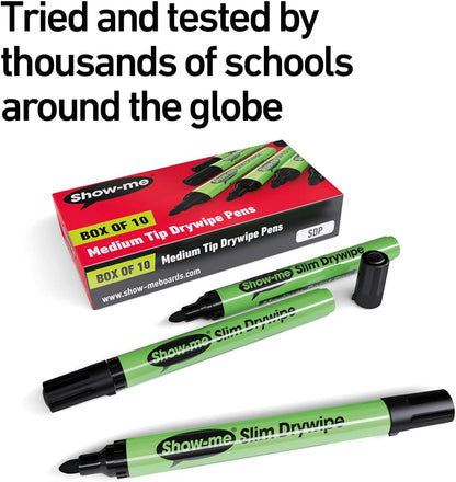 Show-me SDP Medium-Tip Drywipe Whiteboard Pens for Schools and Classrooms– Black (10 Pack of Markers)