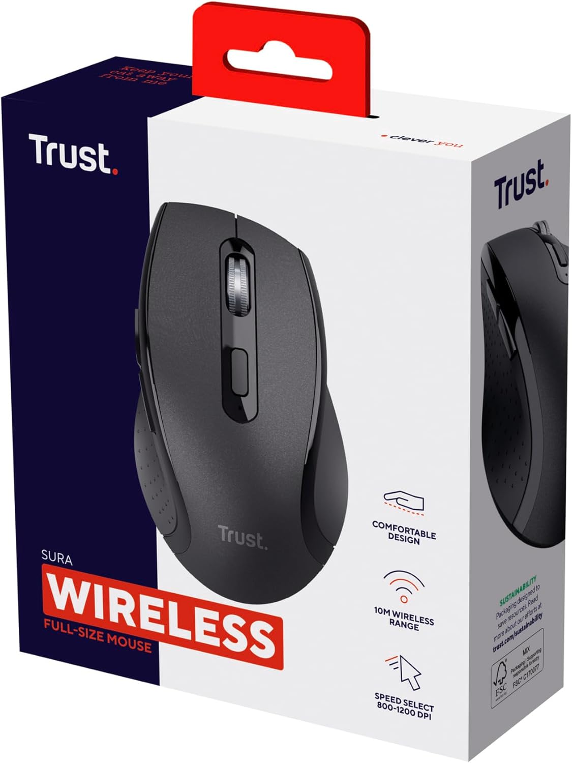 Trust Sura Wireless Mouse for Laptop/PC, Adjustable DPI (800-1200), 6 Buttons, 10m Range, Optical Sensor, USB Micro Receiver, Computer Mouse for Right-Handed Users, Windows Dell Macbook, Black