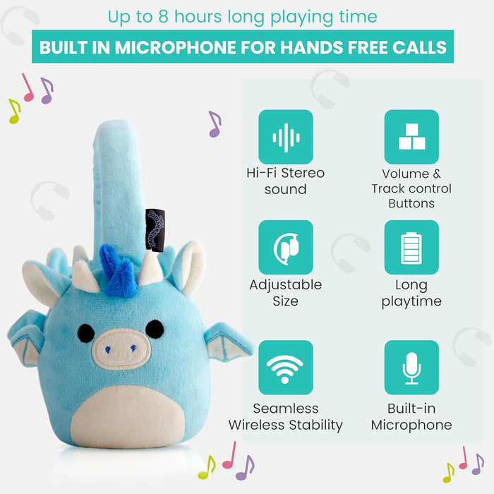 Squishmallows Tatiana The Dragon Plush Bluetooth Headphones With Built-in Microphone To Make And Receive Calls. 10 Meter Bluetooth Range, Volume Control, Soft Plush Cushions And Adjustable Headband.