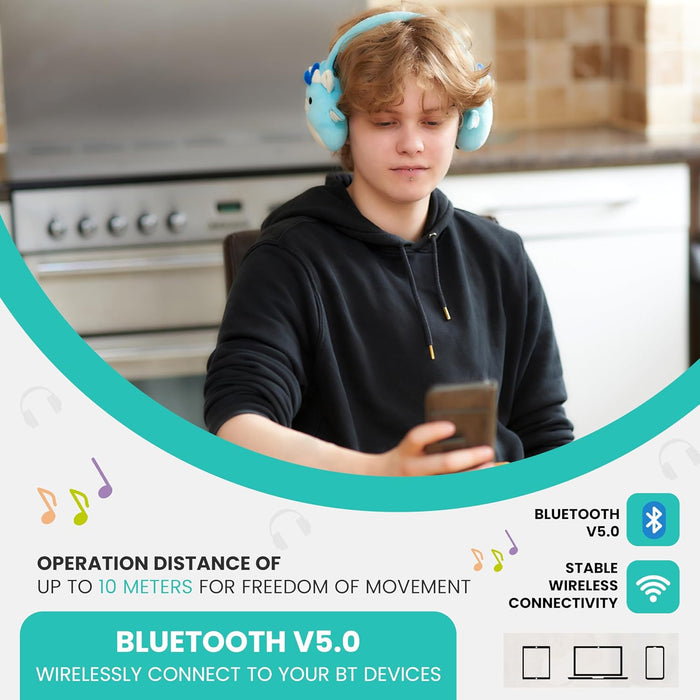 Squishmallows Tatiana The Dragon Plush Bluetooth Headphones With Built-in Microphone To Make And Receive Calls. 10 Meter Bluetooth Range, Volume Control, Soft Plush Cushions And Adjustable Headband.