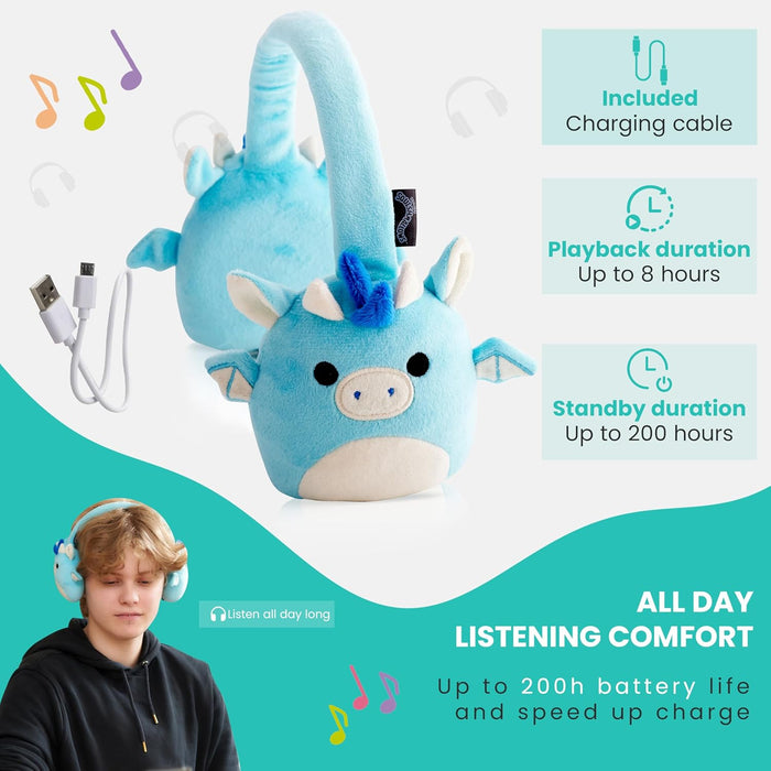 Squishmallows Tatiana The Dragon Plush Bluetooth Headphones With Built-in Microphone To Make And Receive Calls. 10 Meter Bluetooth Range, Volume Control, Soft Plush Cushions And Adjustable Headband.