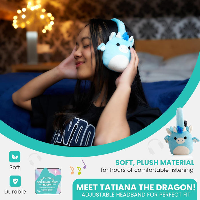 Squishmallows Tatiana The Dragon Plush Bluetooth Headphones With Built-in Microphone To Make And Receive Calls. 10 Meter Bluetooth Range, Volume Control, Soft Plush Cushions And Adjustable Headband.