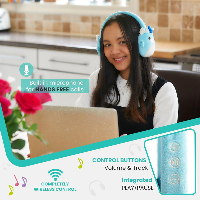 Squishmallows Tatiana The Dragon Plush Bluetooth Headphones With Built-in Microphone To Make And Receive Calls. 10 Meter Bluetooth Range, Volume Control, Soft Plush Cushions And Adjustable Headband.