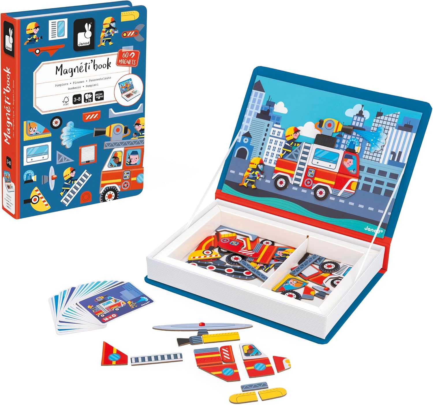 Janod - Magnéti'Book Firefighters - 60-Magnet Educational Game with 18 Model Cards - Children’s FSC Cardboard Toy - Develops Dexterity & Creativity - 3 years +