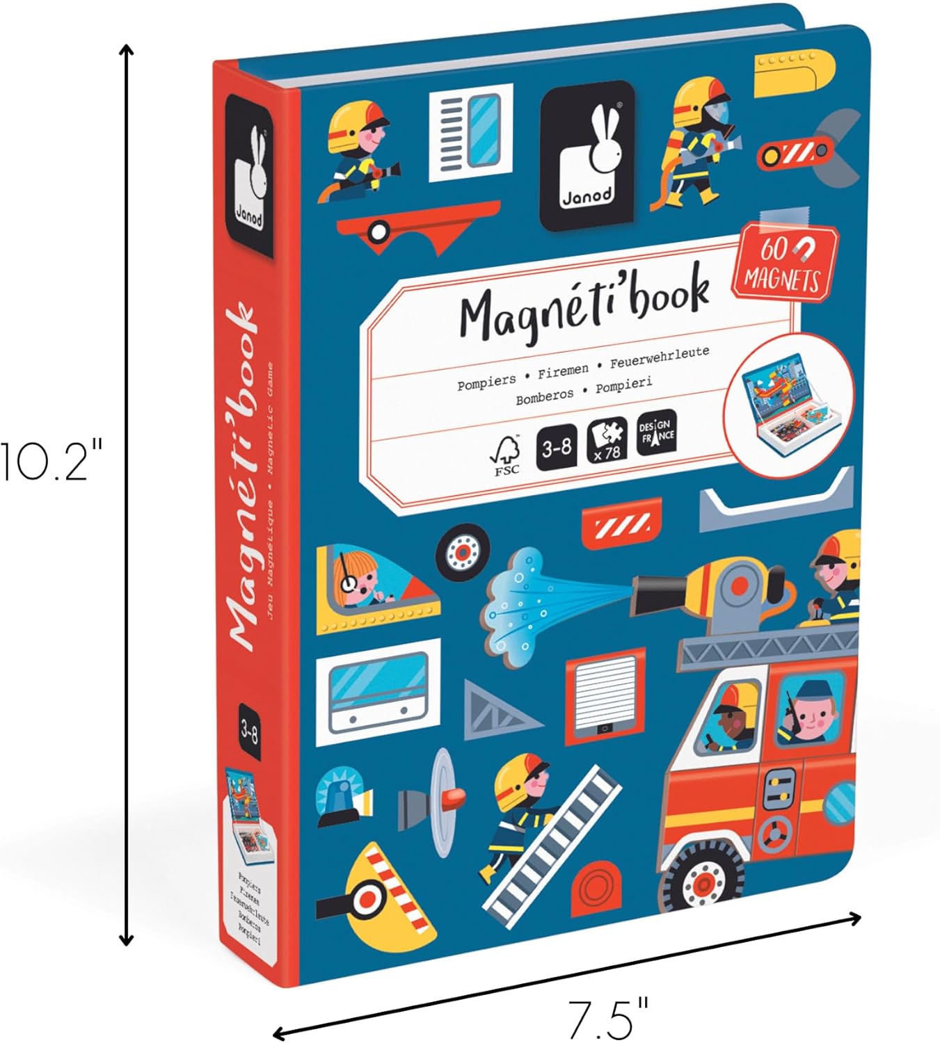 Janod - Magnéti'Book Firefighters - 60-Magnet Educational Game with 18 Model Cards - Children’s FSC Cardboard Toy - Develops Dexterity & Creativity - 3 years +
