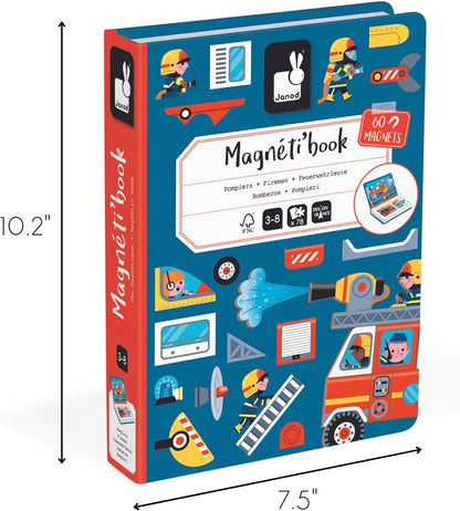 Janod - Magnéti'Book Firefighters - 60-Magnet Educational Game with 18 Model Cards - Children’s FSC Cardboard Toy - Develops Dexterity & Creativity - 3 years +