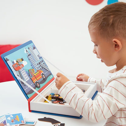 Janod - Magnéti'Book Firefighters - 60-Magnet Educational Game with 18 Model Cards - Children’s FSC Cardboard Toy - Develops Dexterity & Creativity - 3 years +