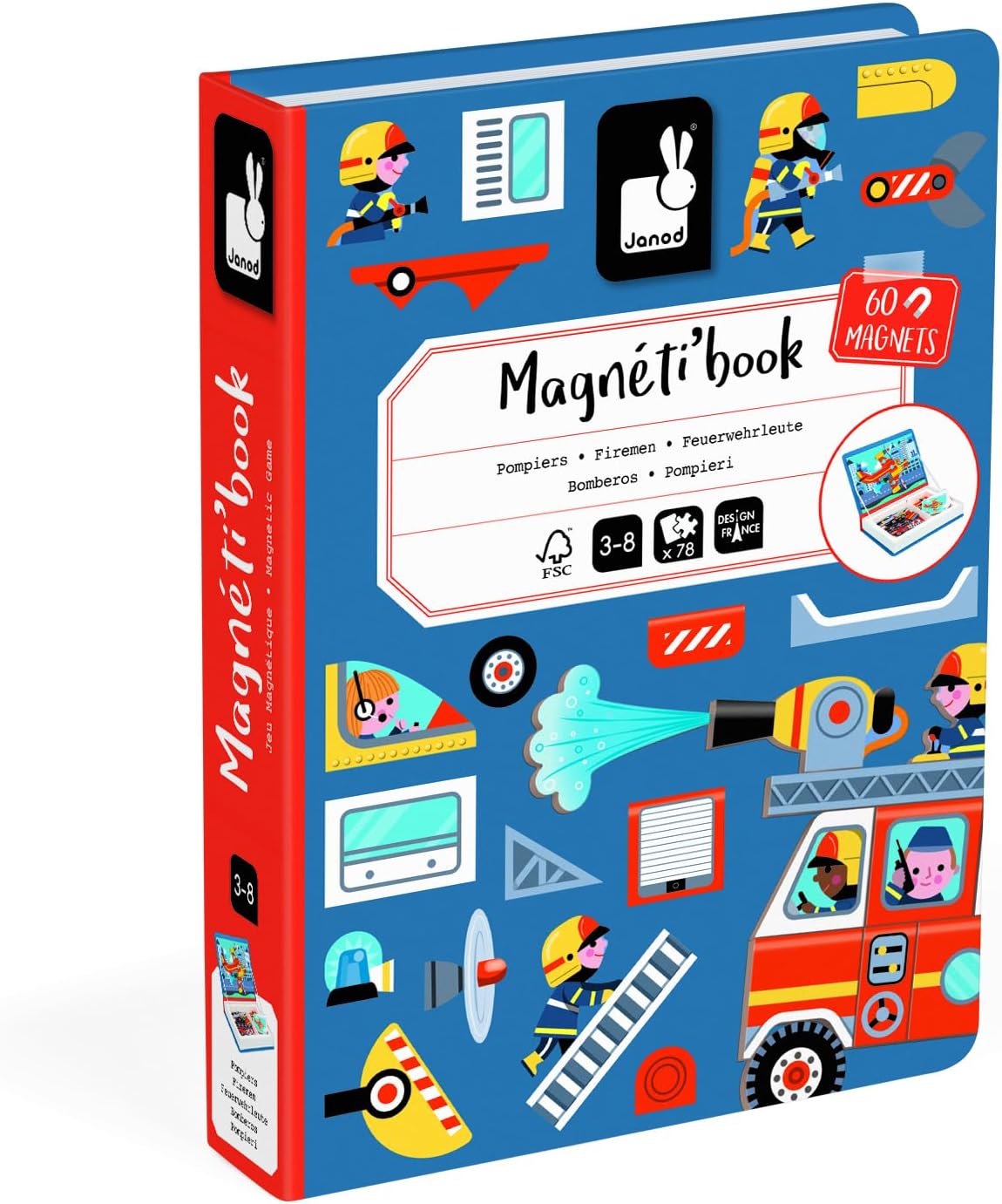 Janod - Magnéti'Book Firefighters - 60-Magnet Educational Game with 18 Model Cards - Children’s FSC Cardboard Toy - Develops Dexterity & Creativity - 3 years +