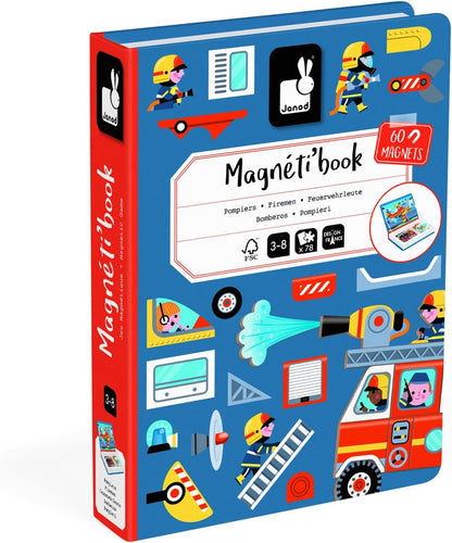 Janod - Magnéti'Book Firefighters - 60-Magnet Educational Game with 18 Model Cards - Children’s FSC Cardboard Toy - Develops Dexterity & Creativity - 3 years +