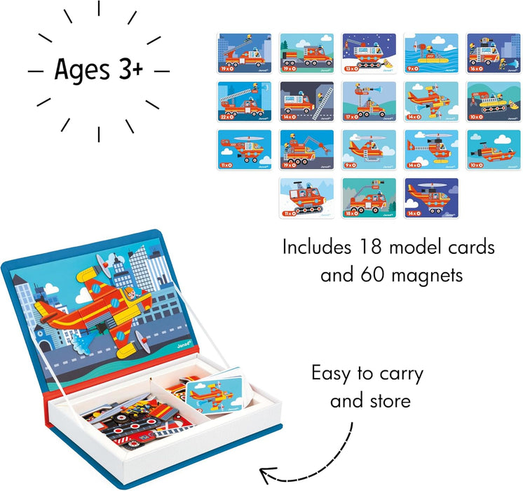 Janod - Magnéti'Book Firefighters - 60-Magnet Educational Game with 18 Model Cards - Children’s FSC Cardboard Toy - Develops Dexterity & Creativity - 3 years +
