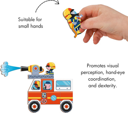 Janod - Magnéti'Book Firefighters - 60-Magnet Educational Game with 18 Model Cards - Children’s FSC Cardboard Toy - Develops Dexterity & Creativity - 3 years +