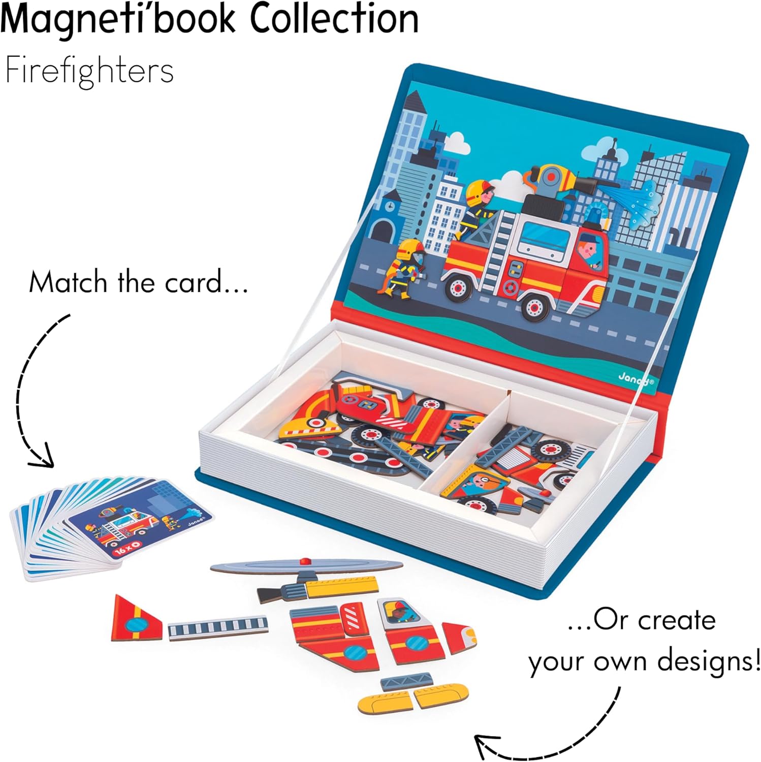 Janod - Magnéti'Book Firefighters - 60-Magnet Educational Game with 18 Model Cards - Children’s FSC Cardboard Toy - Develops Dexterity & Creativity - 3 years +