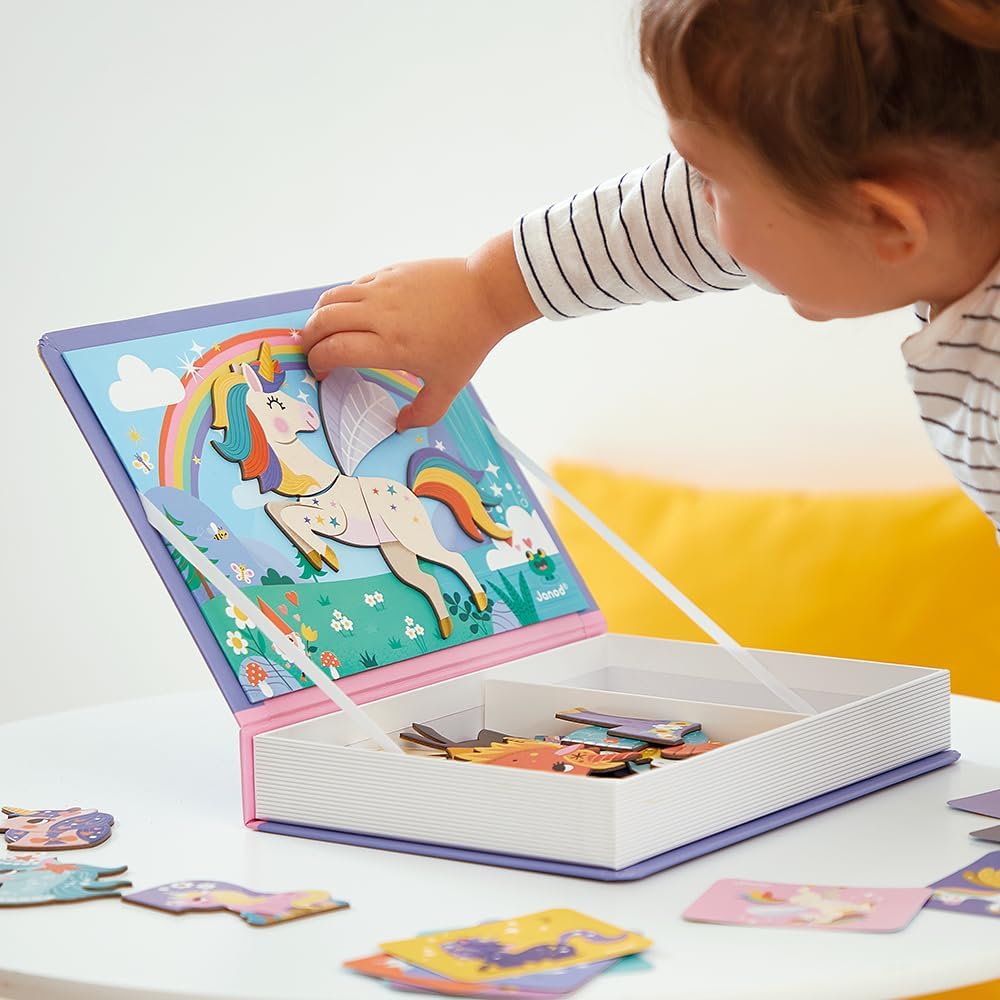Janod - Magnéti'Book Unicorns - 44-Magnet Educational Game with 10 Model Cards - Children’s FSC Cardboard Toy - Develops Dexterity and Imagination - 3 years +