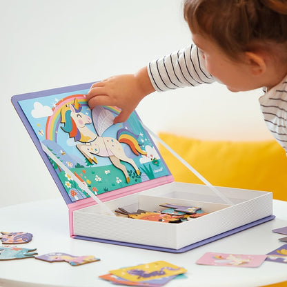 Janod - Magnéti'Book Unicorns - 44-Magnet Educational Game with 10 Model Cards - Children’s FSC Cardboard Toy - Develops Dexterity and Imagination - 3 years +