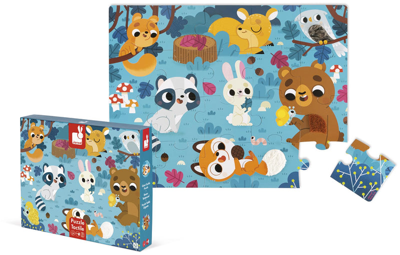 Janod J02685 Knoppenpuzzel voor kinderen, bosdieren, 20 delen, waarvan 7 met textuur, leer- en toetsenspel, tastzin, fijne motoriek en concentratie, vanaf 2 jaar