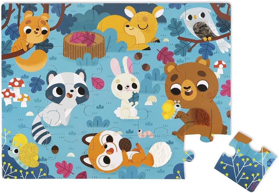 Janod J02685 Knoppenpuzzel voor kinderen, bosdieren, 20 delen, waarvan 7 met textuur, leer- en toetsenspel, tastzin, fijne motoriek en concentratie, vanaf 2 jaar