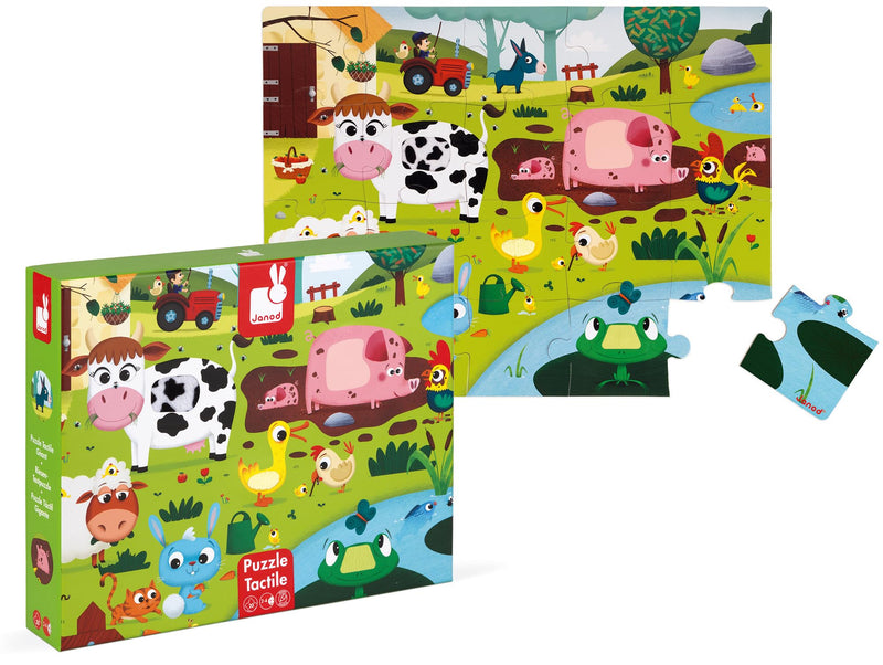 Janod - Puzle táctil infantil 20 piezas, Animales de Granja - 7 Texturizadas - Juego Educativo y Sensorial - Tacto, Motricidad Fina y Concentración - Desde 2 años, J02772