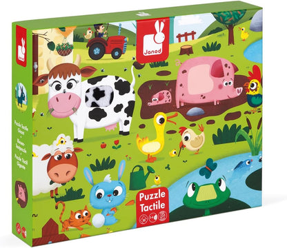 Janod - Puzle táctil infantil 20 piezas, Animales de Granja - 7 Texturizadas - Juego Educativo y Sensorial - Tacto, Motricidad Fina y Concentración - Desde 2 años, J02772