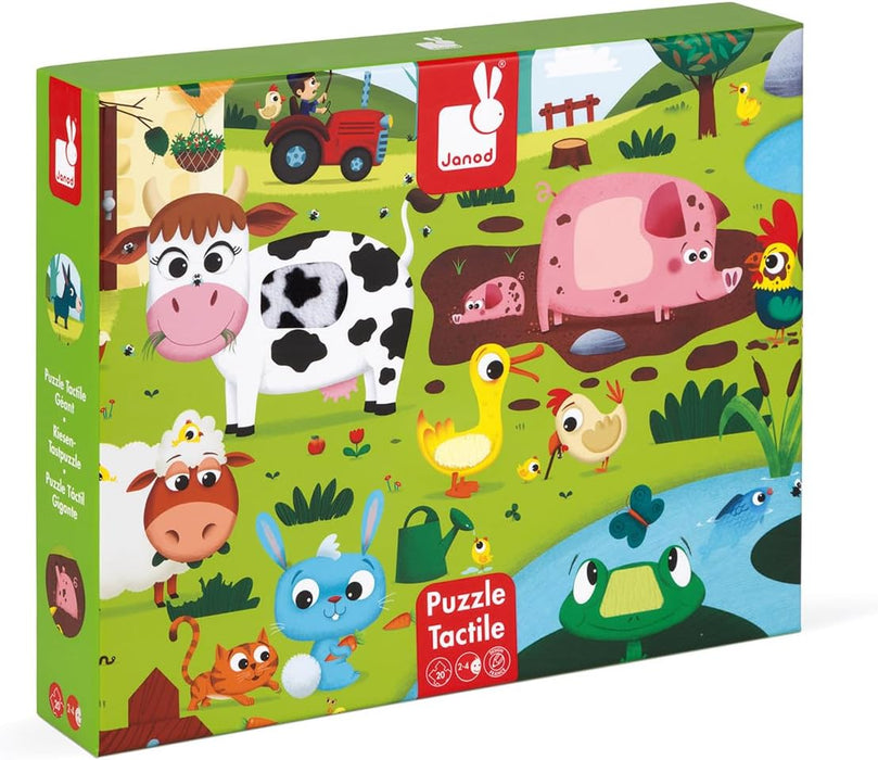 Janod - Puzle táctil infantil 20 piezas, Animales de Granja - 7 Texturizadas - Juego Educativo y Sensorial - Tacto, Motricidad Fina y Concentración - Desde 2 años, J02772