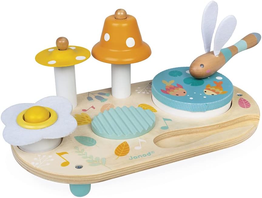 Janod - Pure Musiktisch mit 5 Funktionen - Kinder Spieltisch aus Holz - Musikalisches Holzspielzeug - Mit Zimbel, Glocke, Waschbrett und Tamburin - Baby Spielzeug ab 1 Jahr, J05164