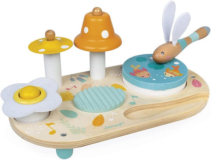 Janod - Pure Musiktisch mit 5 Funktionen - Kinder Spieltisch aus Holz - Musikalisches Holzspielzeug - Mit Zimbel, Glocke, Waschbrett und Tamburin - Baby Spielzeug ab 1 Jahr, J05164