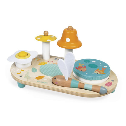 Janod - Pure Musiktisch mit 5 Funktionen - Kinder Spieltisch aus Holz - Musikalisches Holzspielzeug - Mit Zimbel, Glocke, Waschbrett und Tamburin - Baby Spielzeug ab 1 Jahr, J05164