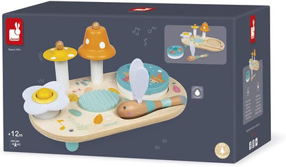 Janod - Pure Musiktisch mit 5 Funktionen - Kinder Spieltisch aus Holz - Musikalisches Holzspielzeug - Mit Zimbel, Glocke, Waschbrett und Tamburin - Baby Spielzeug ab 1 Jahr, J05164