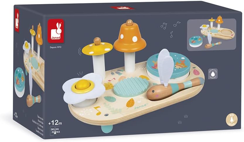 Janod - Pure Musiktisch mit 5 Funktionen - Kinder Spieltisch aus Holz - Musikalisches Holzspielzeug - Mit Zimbel, Glocke, Waschbrett und Tamburin - Baby Spielzeug ab 1 Jahr, J05164