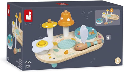 Janod - Pure Musiktisch mit 5 Funktionen - Kinder Spieltisch aus Holz - Musikalisches Holzspielzeug - Mit Zimbel, Glocke, Waschbrett und Tamburin - Baby Spielzeug ab 1 Jahr, J05164