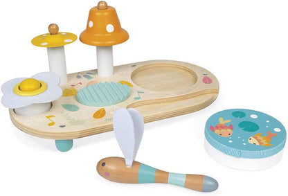 Janod - Pure Musiktisch mit 5 Funktionen - Kinder Spieltisch aus Holz - Musikalisches Holzspielzeug - Mit Zimbel, Glocke, Waschbrett und Tamburin - Baby Spielzeug ab 1 Jahr, J05164