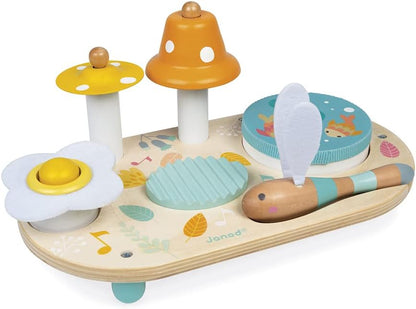 Janod - Pure Musiktisch mit 5 Funktionen - Kinder Spieltisch aus Holz - Musikalisches Holzspielzeug - Mit Zimbel, Glocke, Waschbrett und Tamburin - Baby Spielzeug ab 1 Jahr, J05164