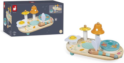 Janod - Pure Musiktisch mit 5 Funktionen - Kinder Spieltisch aus Holz - Musikalisches Holzspielzeug - Mit Zimbel, Glocke, Waschbrett und Tamburin - Baby Spielzeug ab 1 Jahr, J05164