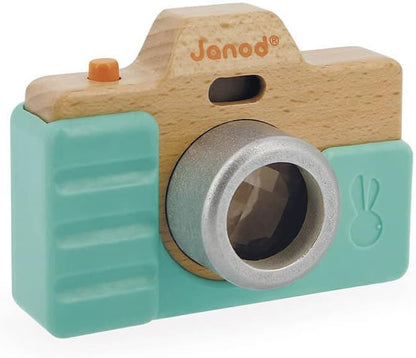 Janod - Spielkamera - Rollenspielzeug aus Holz - Ton und Licht - Entwicklungsspielzeug Stimulation der Sinne und Motorik - Silikonhülle - Wasserfarbe - Ab 18 Monaten, J05381, Blau