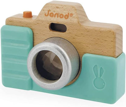 Janod - Spielkamera - Rollenspielzeug aus Holz - Ton und Licht - Entwicklungsspielzeug Stimulation der Sinne und Motorik - Silikonhülle - Wasserfarbe - Ab 18 Monaten, J05381, Blau