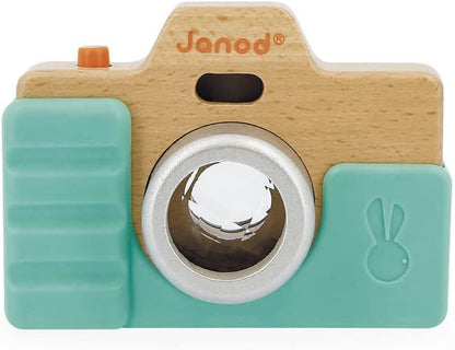 Janod - Spielkamera - Rollenspielzeug aus Holz - Ton und Licht - Entwicklungsspielzeug Stimulation der Sinne und Motorik - Silikonhülle - Wasserfarbe - Ab 18 Monaten, J05381, Blau