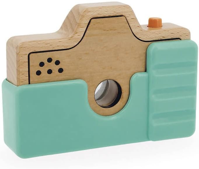 Janod - Spielkamera - Rollenspielzeug aus Holz - Ton und Licht - Entwicklungsspielzeug Stimulation der Sinne und Motorik - Silikonhülle - Wasserfarbe - Ab 18 Monaten, J05381, Blau
