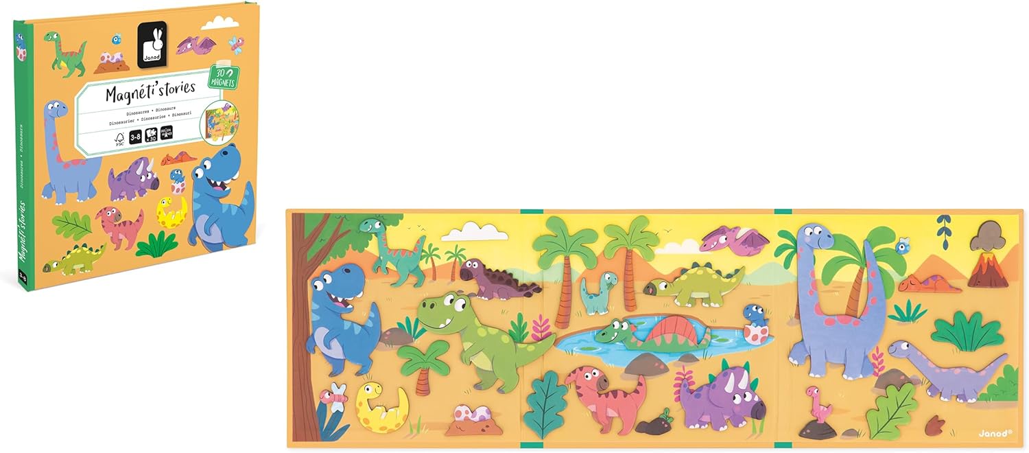 Janod - Magnéti'Stories Dinosaurier - Magnetisches Lernspiel 30 Magnete - Kinderspielzeug aus FSC-Pappe - Fördert Vorstellungskraft und Feinmotorik - Ab 3 Jahre, J05450