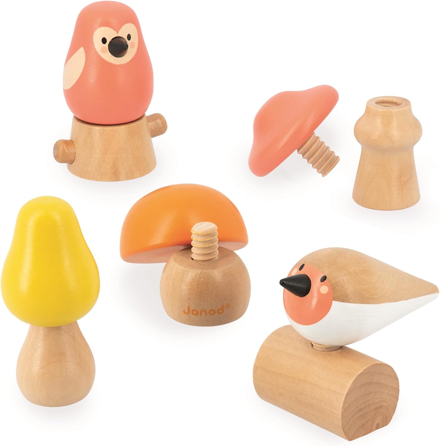 Janod 2 Vögel und 3 Pilze zum Schrauben-Lernspielzeug und Frühförderung-Spielzeug aus FSC-Holz-WWF-Partnerschaft-Ab 18 Monate, J08643, Mehrfarbig, one size