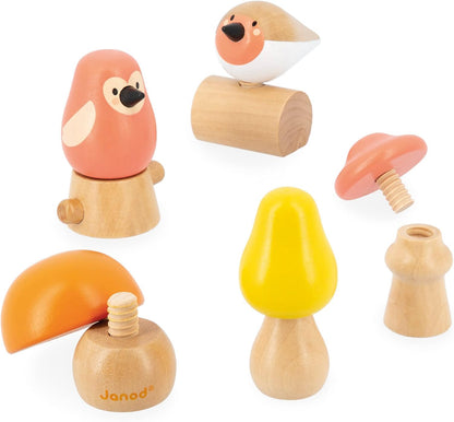 Janod 2 Vögel und 3 Pilze zum Schrauben-Lernspielzeug und Frühförderung-Spielzeug aus FSC-Holz-WWF-Partnerschaft-Ab 18 Monate, J08643, Mehrfarbig, one size
