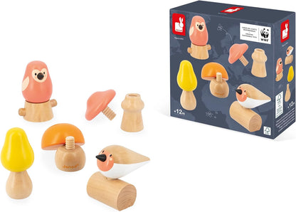 Janod 2 Vögel und 3 Pilze zum Schrauben-Lernspielzeug und Frühförderung-Spielzeug aus FSC-Holz-WWF-Partnerschaft-Ab 18 Monate, J08643, Mehrfarbig, one size
