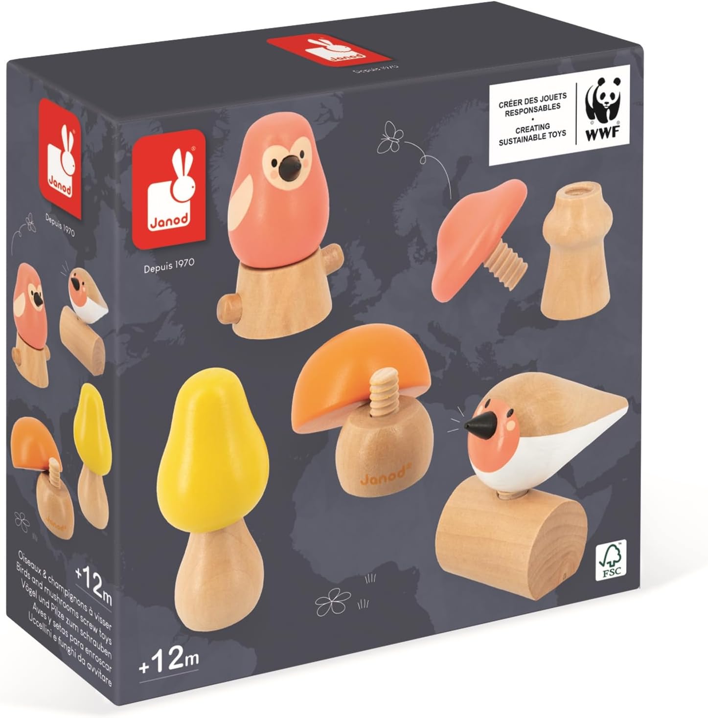 Janod 2 Vögel und 3 Pilze zum Schrauben-Lernspielzeug und Frühförderung-Spielzeug aus FSC-Holz-WWF-Partnerschaft-Ab 18 Monate, J08643, Mehrfarbig, one size